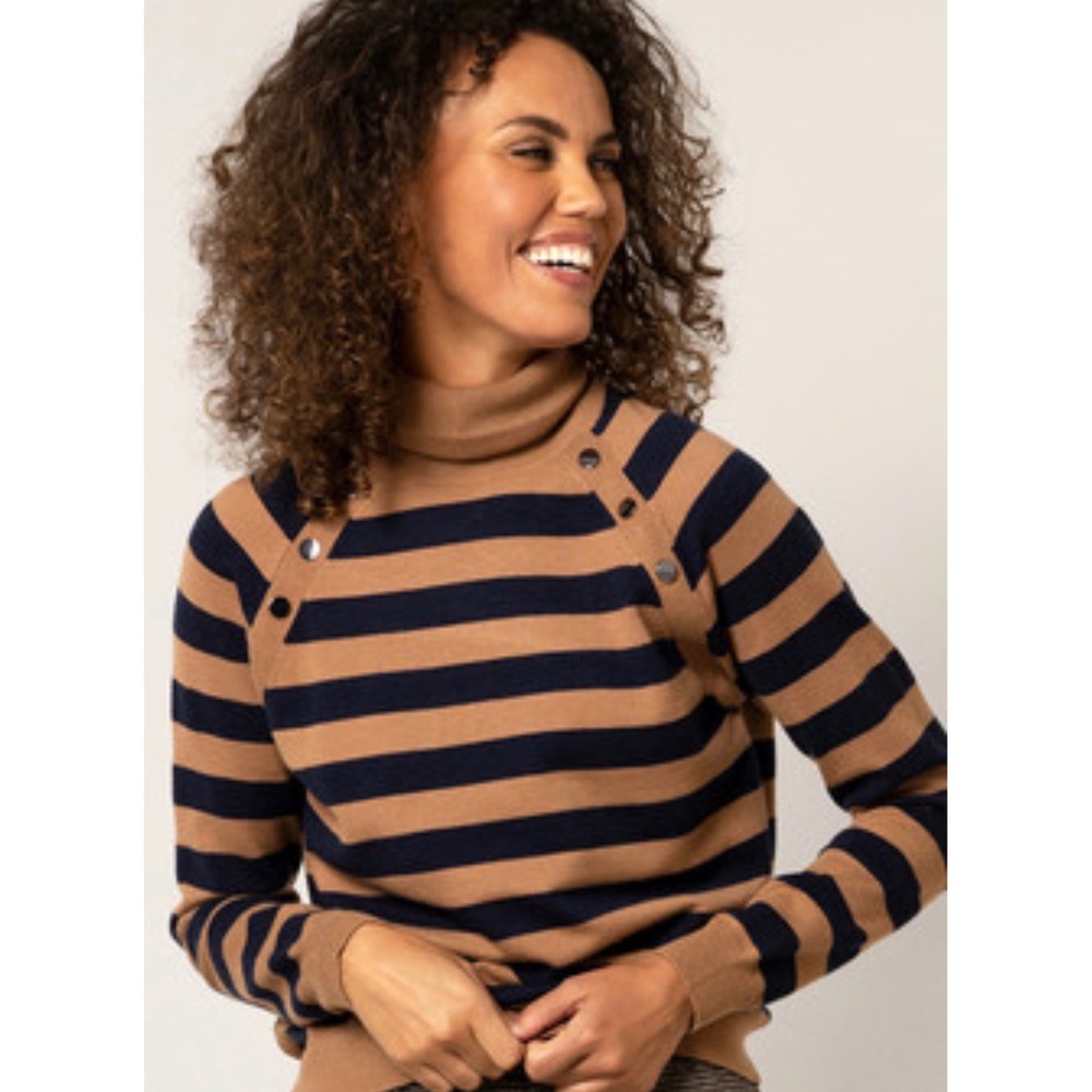 Yest Netherlands Tan Navy Turtleneck Euro Modern Nautical Knit Sweater Womens 6